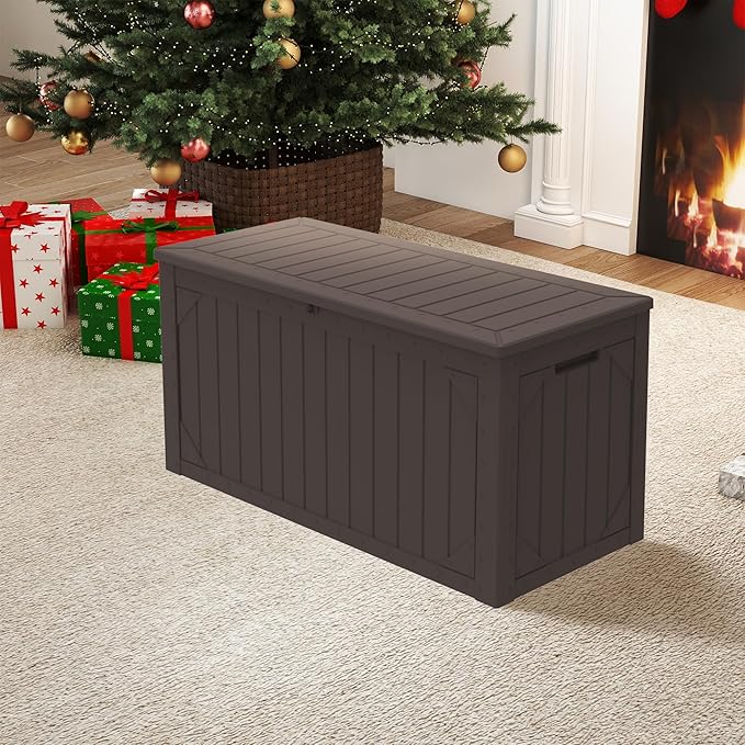 Outdoor Storage Box Waterproof, 100 Gallon Lockable Resin Deck Box Patio Storage Bin for Pool Accessories Cushion Furniture, Garden Tools, UV-Resistant Outside Delivery, Brown
