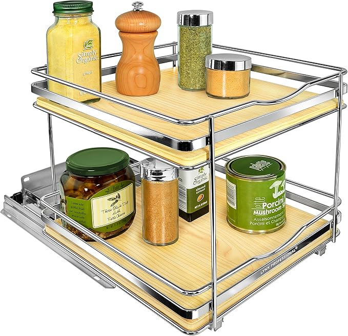 LYNK PROFESSIONAL® Élite™ Pull Out Spice Rack Organizer for Inside Kitchen Cabinets - 10-3/8 inch Wide - Slide Out Drawer – Wood/Chrome Sliding Spice Organization for cabinet - Spice Racks - 2 Tier
