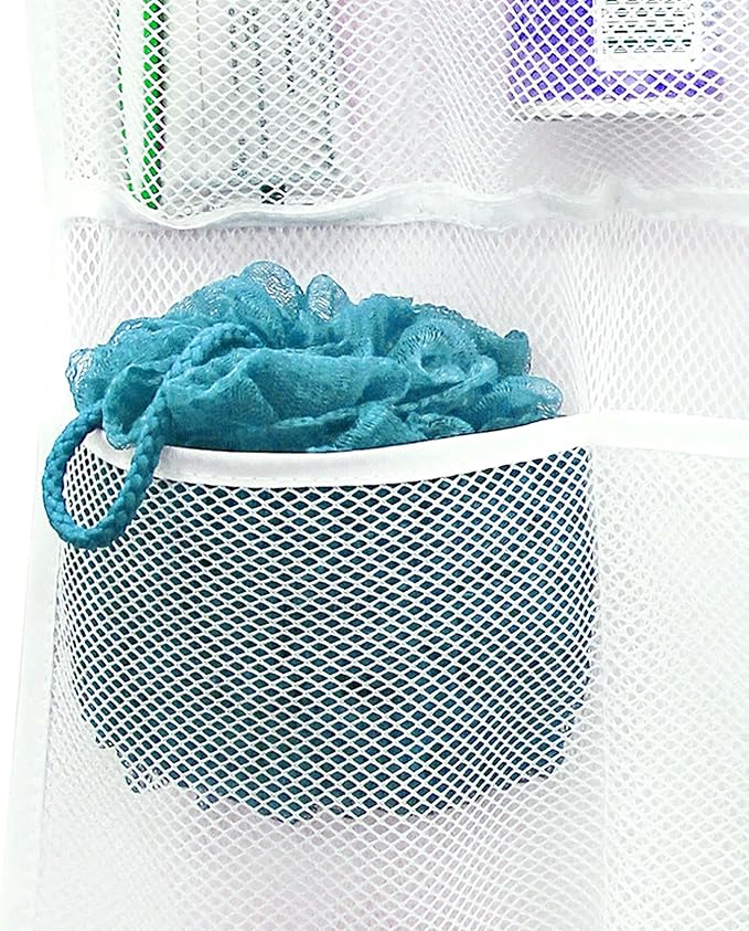 S&T INC. Shower Organizer, Shower Caddy or Bathroom Organizer with Quick Drying Mesh, 7 Pockets to Hold Shampoo, Soap, Loofah, and Cruise Ship Essentials, 14 Inch by 30 Inch, White, 1 Pack
