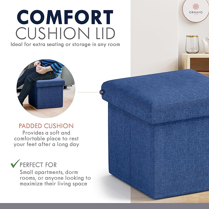 Ornavo Home Small Storage Ottoman, Set of 2 Foldable Collapsible Cube Square Linen Ottoman Foot Rest Stool Seat, for Living Room, Bedroom, Home Office, Dorm - 12 x 12 x 12, Navy Blue
