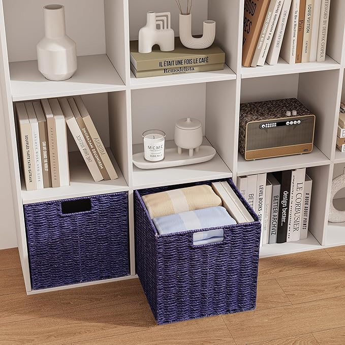 Vagusicc Wicker Storage Basket, Set of 2 Hand-Woven Wicker Basket, 11 inch Storage Basket, Foldable Cube Storage Organizer Bins, Storage Baskets for Organizing Shelves Decor, Purple (11″×11″×11″)