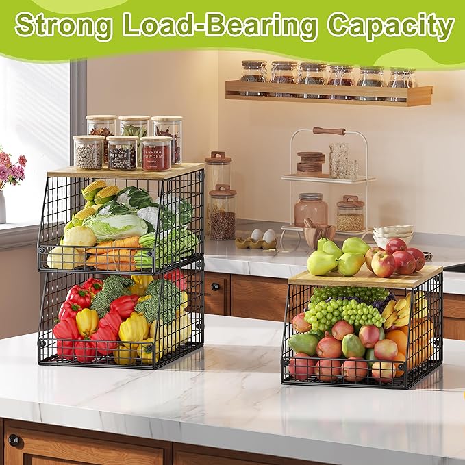 4 Pack Stackable Wire Baskets with Fixed Wooden Top, Vegetable Fruit Storage Bins for Onion Potato Snack, Pantry Baskets for Kitchen Cabinet Countertop, Pantry Organizers and Storage Rack