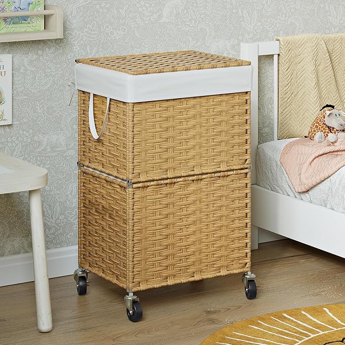 Chrislley 90L Slim Laundry Hamper with Wheels, Rolling Laundry Basket with Lid and Renovable Liner Bag, Handwoven Rattan Organizer for bedroom, bathroom, laundry room (Yellow)