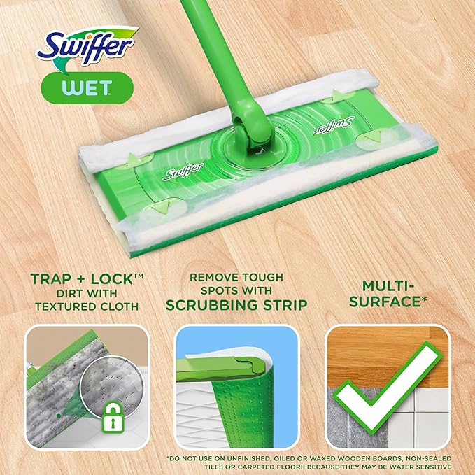 Swiffer Sweep + Mop, Wet Pads Refill, Floor Cleaner for Dirt, Dust, Hair, Cleaning Cloths for Mopping Home, Bathroom, Kitchen, All Purpose Multi-Surface Floor Wipes, Fresh and Gain, 36ct