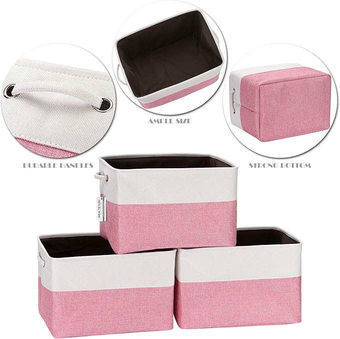 Sea Team 3-Pack Large Storage Basket Set, Trunk Organizer, Clothes Toys Bin, 15 x 10 x 10 Inches, Big Rectangular Canvas Fabric Collapsible Shelf Box with Handles for Kids Room (Pink/White)