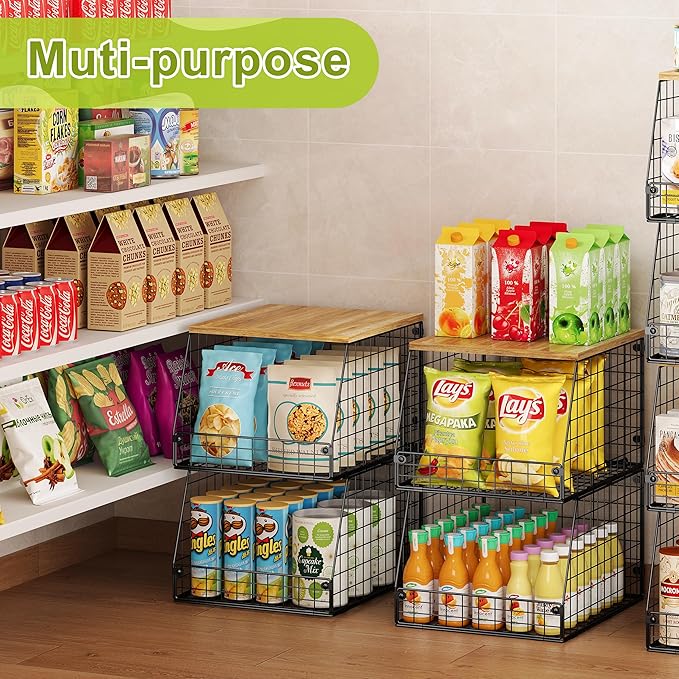 4 Pack Stackable Wire Baskets with Fixed Wooden Top, Vegetable Fruit Storage Bins for Onion Potato Snack, Pantry Baskets for Kitchen Cabinet Countertop, Pantry Organizers and Storage Rack