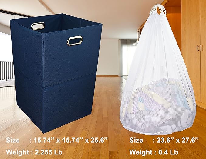 Foldable Large Laundry Hamper With Laundry Bag - Premium Durable Fabric, Plastic Board, Extra-Large Size, Space-Saving & Compact Clothes Basket With Metal Handles (Navy Blue)