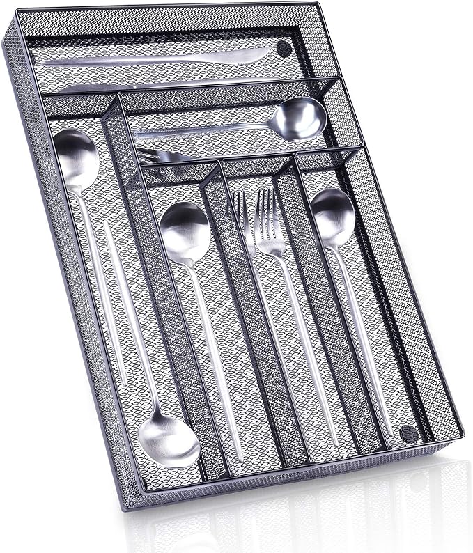WuGeShop 6 Compartments Metal Mesh Kitchen Flatware Organizer Tray, Silverware Drawer Organizer/Utensil Holder and Cutlery Tray with Non Slip Mat (Black)