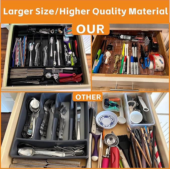 Yieach Clear Expandable Silverware Drawer Organizer - Adjust From 11'' to 22'' - Knife,Cutlery,Spoons and Forks Organizer,Large 8 Grid Flatware,Silverware Tray,Utensil Organizer for Kitchen Drawers