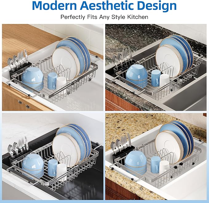 romision Expandable Dish Drying Rack Over The Sink Small Metal Stainless Steel Plate Holder for Compact Kitchen, Space Saving Modern Silver Hanging Drainer