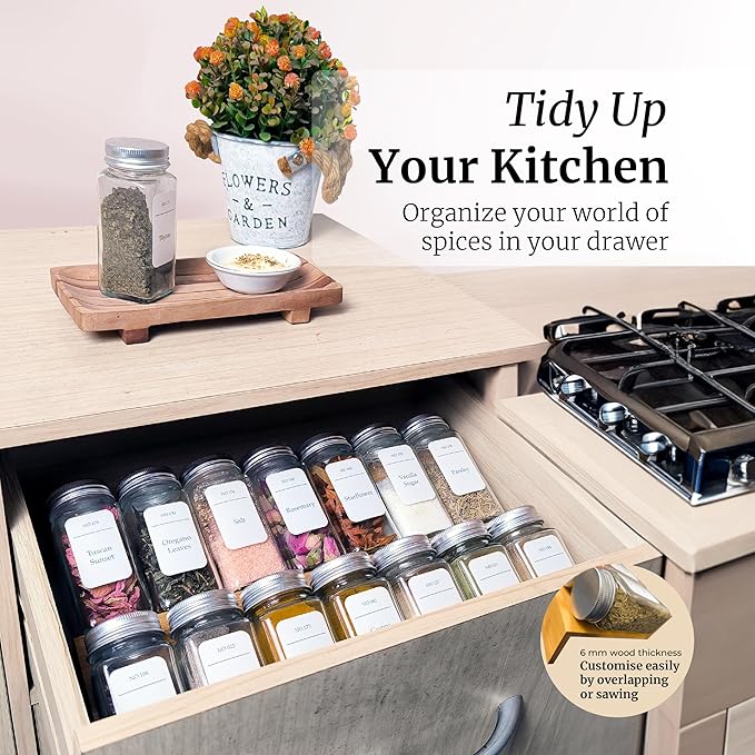 Spice Drawer Organizer with Jars and Labels, Bamboo Spice Rack For Drawer, Spice Organization For Cabinet Drawer, Spice Organizer For Drawer, Bamboo Drawer Organizer, Spice Organization For Drawer