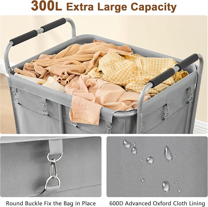 Hoctieon Large Laundry Cart with Wheels, 300L Heavy Duty Laundry Basket Organizer, Rolling Hamper Sorter for Clothes Storage, Industrial Dirty Clothes Hamper for Home & Hotel, Gray