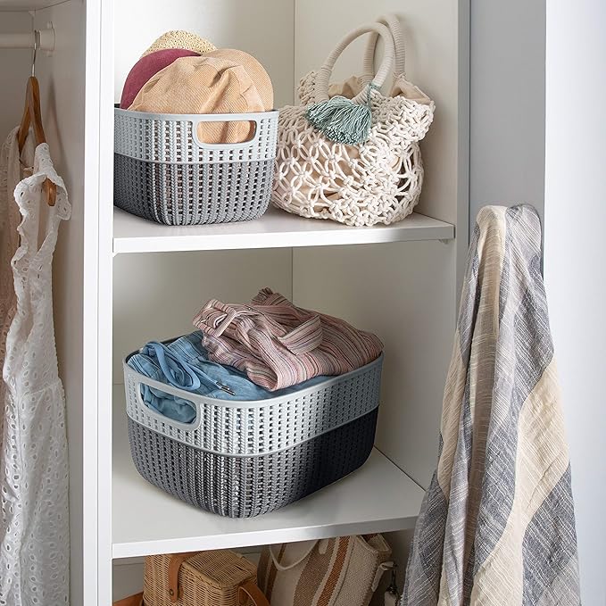 Simplify 2 Tone Sailor Knot Plastic Storage Tote | Decorative Basket | Closet Organization | De-clutter | Accessories | Toys | Bathroom Organization | Medium | Grey/Grey