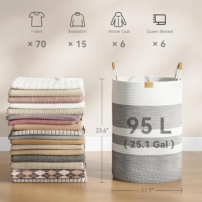 95L Striped Laundry Hamper with Leather Handles,Large Foldable Laundry Basket for Clothes,Cotton Rope Storage Bin for Blankets,Woven Clothes Basket for Bedroom,Gray Stripes