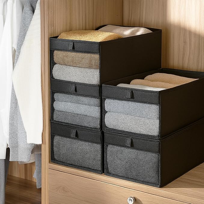 STORAGE MANIAC 4 Pack Storage Bins with Clear Window, Storage Boxes for Shelves, Sturdy Foldable Closet Organization Fabric Shelf Basket for Toy, Towel, Book, Jeans, Offices, Dorm, Wardrobe, Black