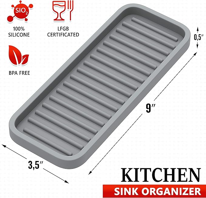 ZAPPOWARE Silicone Kitchen Sink Caddy Sponge Holder 9x3.5 (2-pack) Gray - Bathroom Vanity Tray Organizer, Kitchen Soap Tray for Dish Scrubber, Soap Dispenser and Sponge