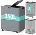 Yecaye 150L Laundry Hamper with Wheels, Rolling Laundry Basket with Lid and 2 Removable Laundry Bag, Large Capacity 2 Section Clothes Hampers for Laundry Room, Bedroom, Bathroom, Dorm, Grey
