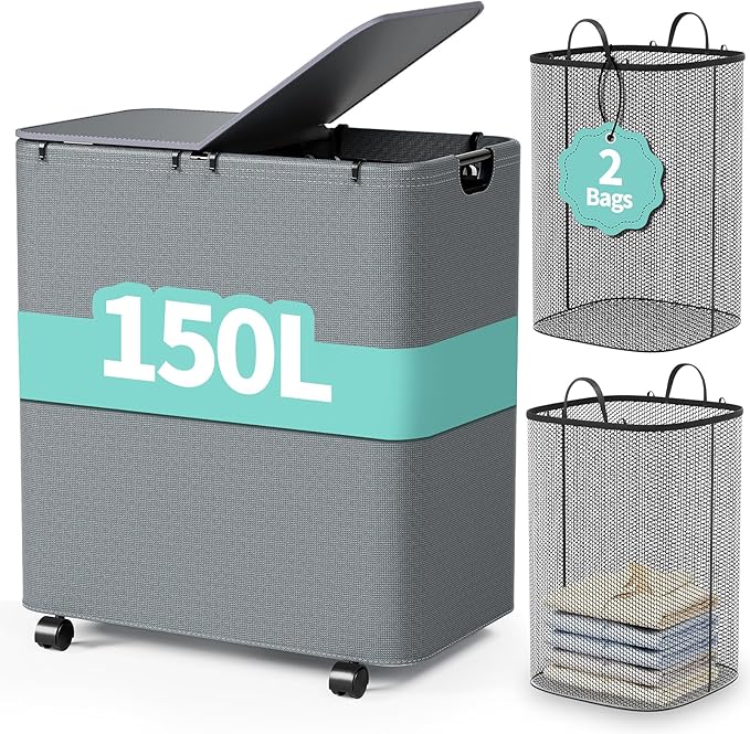 Yecaye 150L Laundry Hamper with Wheels, Rolling Laundry Basket with Lid and 2 Removable Laundry Bag, Large Capacity 2 Section Clothes Hampers for Laundry Room, Bedroom, Bathroom, Dorm, Grey