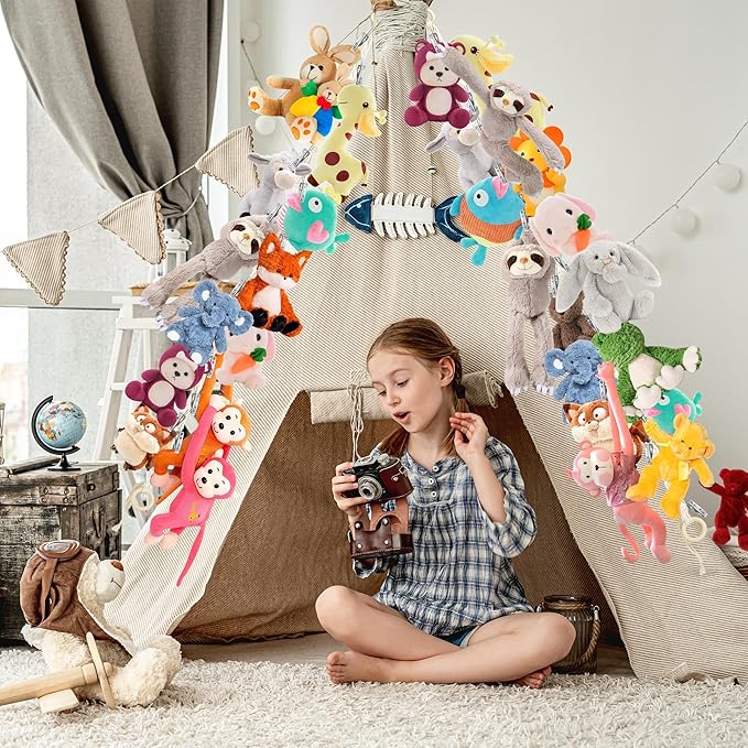 3PCS Hanging Stuffed Animal Storage - Boho Stuffed Animal Hammock Corner for Room Decor, Macrame Stuff Animal Organizer with 60 Metal Clips for Plushies Storage