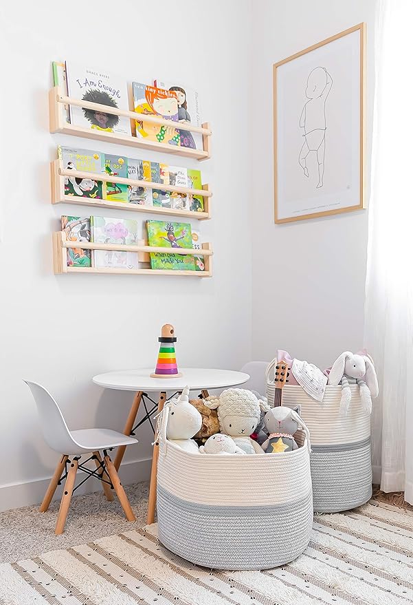 OrganiHaus Large Woven Storage Basket for Blankets and Toys 20" x 13" Inch, Rope Laundry Basket with Handles, Cushions & Pillows Storage Bin, Nursery Hamper, Soft Round Dog Toy Bin - Gray Stripe