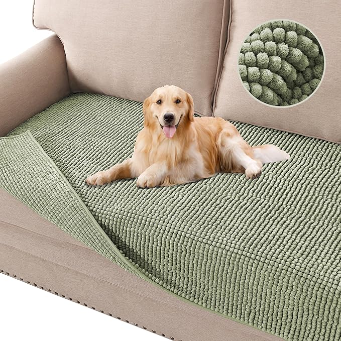 H.VERSAILTEX Plush Chenille Dog Bed Cover Thick Soft Sofa Cover for 3 Cushion Couch Anti Slip Couch Cover Furniture Protector for Dog, Pet, Cat (35" x 74", Sage)