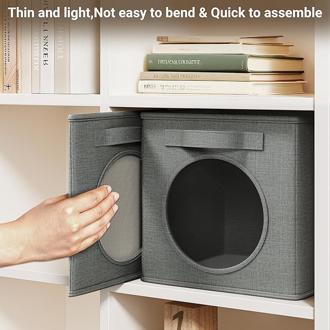 Vailando Foldable Fabric Storage Cube with Round Window - 4 Pack 11"x11"x11" Collapsible Closet Organizer Bins for Clothes, Shelves, Offices, Toys & Misc, Light Gray (Dark Gray, 4pcs-Cube 11")