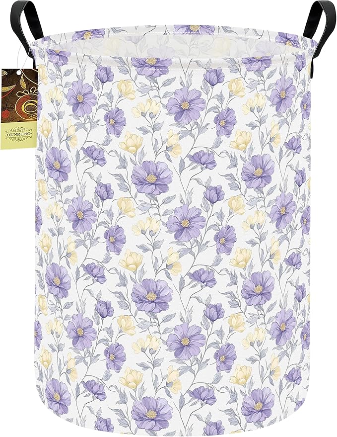 HUNRUNG Laundry Hamper,Large Canvas Fabric Lightweight Storage Basket Toy Organizer Dirty Clothes Collapsible Waterproof for College Dorms（Round-Purple Flowers）