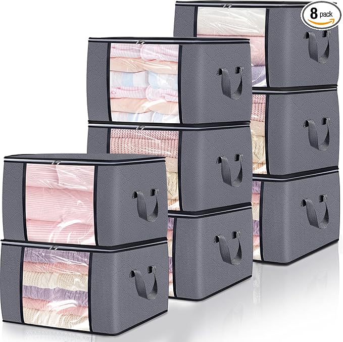 90L Large Blanket Storage Bags, 8 Pack Clothes Storage Bag Comforter Storage Bin with Reinforced Handle and Lid Foldable Closet Organizer and Storage Containers for Bedding Sheets and Duvet