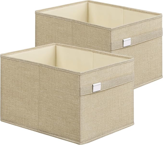SONGMICS Storage Baskets, Set of 2 Storage Bins, 15.7 x 11.8 x 9.8 Inches, 2 Handles, Oxford Fabric and Linen-Look Fabric, Easy to Clean, Foldable, Metal Label Holders, Summer Sand UROB240Y02