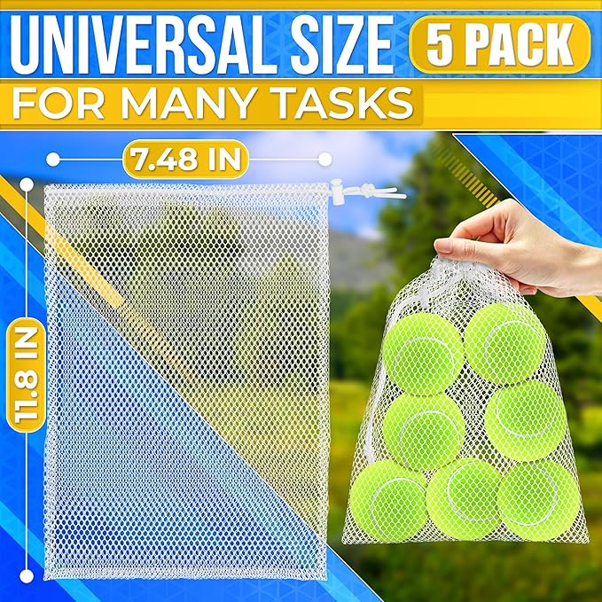 5 PCs Mesh Laundry Bags Drawstring – Small Mesh Bag White 11.8 x 7.48" – Multipurpose Nylon Net Bags with Tight Closure for Storing Balls, Clothes, Sports Gear at Gym, Beach, Laundry, & Travel Use