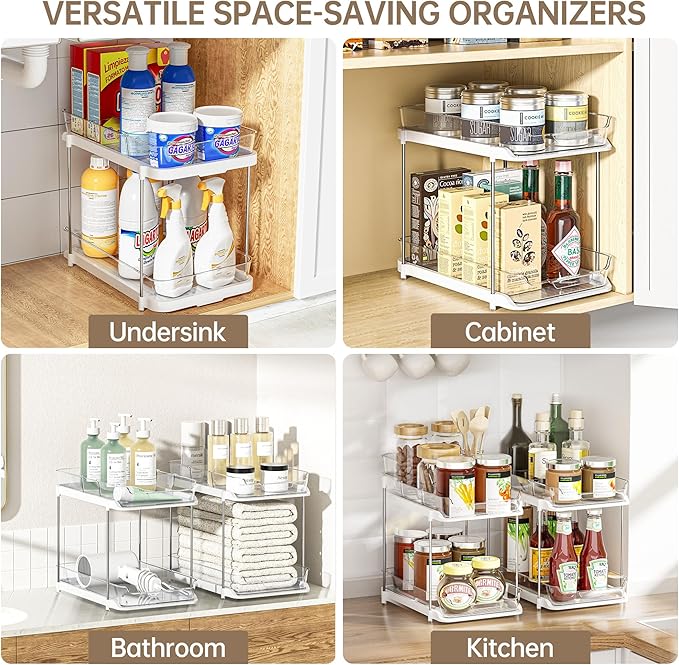 Delamu 2-Tier Multi-Purpose Bathroom Under Sink Organizers and Storage, Stackable Kitchen Pantry Organization, Pull Out Medicine Cabinet Organizer with Movable Dividers, White, 1 Pack