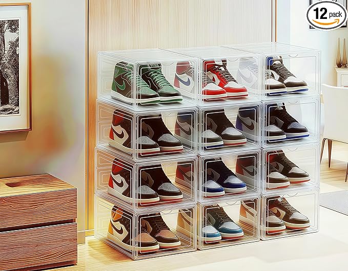 12 Pack Clear Shoe Storage Boxes Stackable, Plastic Shoe Boxes with Lids, Sneaker Storage, Transparent, Thick Hard, Drop Front Door, Within US Size 13