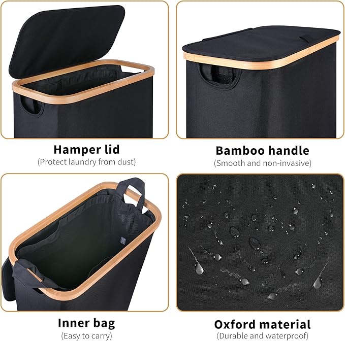 60L Slim Laundry Hamper, Narrow Laundry Basket with Lid,Foldable Clothes Hamper with Bamboo Handles,Hamper Basket with Removable Inner Bag for Laundry Room Bedroom College Dorm,Black