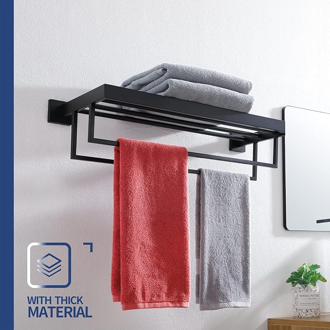 KOKOSIRI Black Towel Rack 20'' Bathroom Towel Shelf with Double Towel Bars SUS304 Matte Black Stainless Steel Wall Mounted, B6003BK-L20