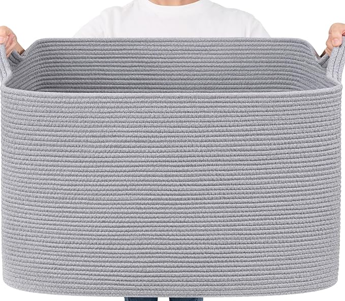 Goodpick 105L Extra Large Blanket Basket 25" x 16" x 16" Cotton Rope Storage Bins for Dirty Clothes, Rectangle Woven Laundry Basket for Living Room Bedroom, Toy Storage Baskets for Kids, Gray