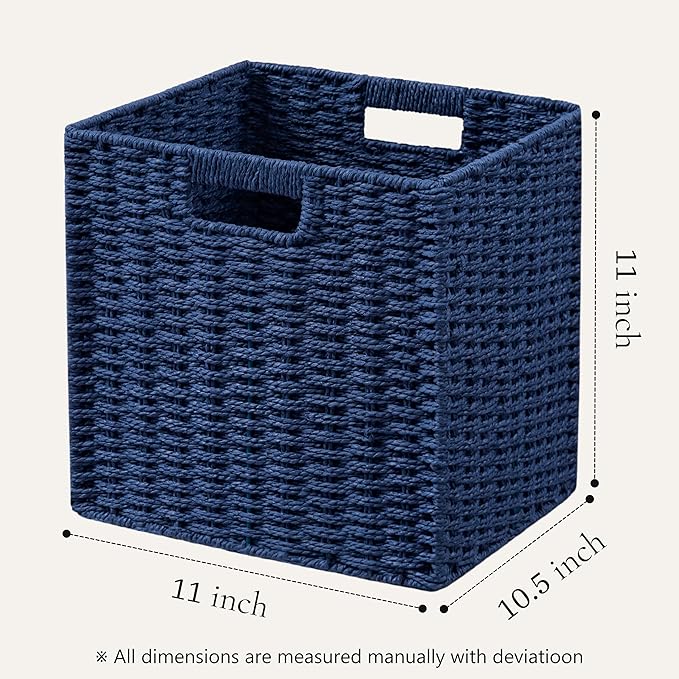 UBBCARE 3 Pack Wicker Basket, 11L×11H×10.5W inch Woven Paper Rope Storage Baskets for shelves, Foldable Cube Storage bin with Handle, Storage Basket for Organizing & Decor, Navy Blue