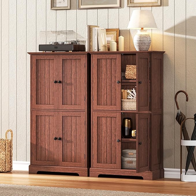 ChooChoo Bathroom Floor Cabinet, Farmhouse Bathroom Storage Cabinet with 4 Doors and Adjustable Shelves, Pantry Cabinet for Living Room, Kitchen, Walnut