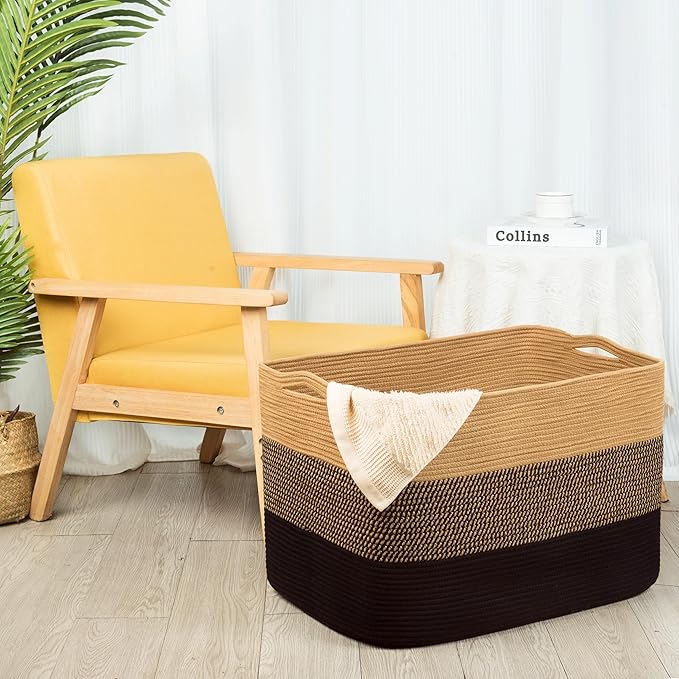 MINTWOOD Design 112L Extra Large Blanket Basket Holder Living Room, 25"x17"x16" Rectangle Rope Woven Storage Basket with Handles for Laundry, Pool Towels, Shoes, Dog Toy Organizer Bin Box, Black Jute