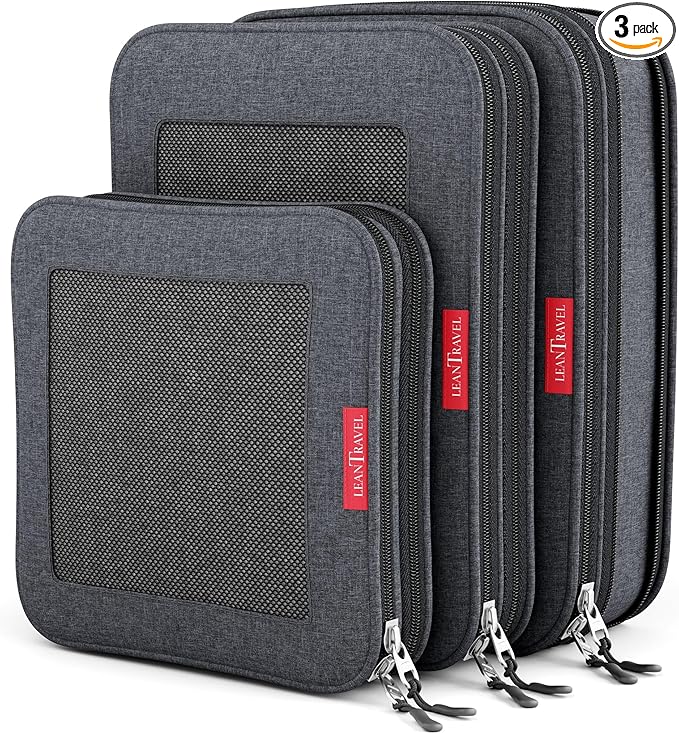 LeanTravel Compression Packing Cubes for Travel Organizers with Double Zipper (3-Pack (2L+1M), Black)