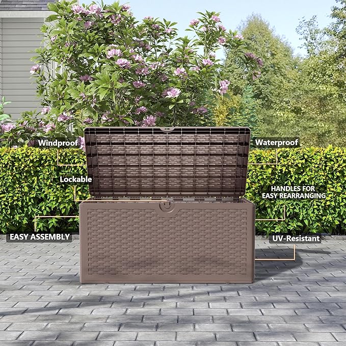 Outdoor Storage Box Waterproof, 90 Gallon Pro Lockable Resin Deck Box Large, Patio Storage Bin for Pool Accessories Cushion Furniture, Garden Tools, UV-Resistant Outside Delivery Brown