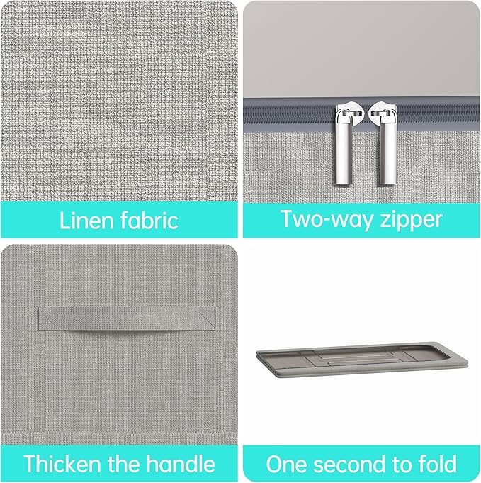 Under Bed Storage Bins with Metal Frame, Linen Fabric Frame Storage Box Clothes Organizer Bins, Underbed Container with Clear Window (Light Grey, 15.7 x 13 x 6IN)