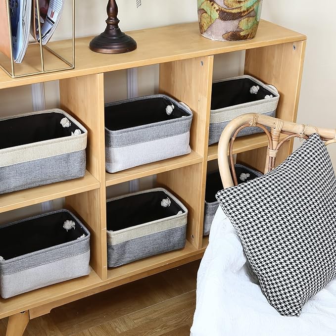 Sea Team 3-Pack Small Storage Basket Set, Storage Cube Organizer, Storage Bins, 12 x 8 x 5 Inches, Rectangle Canvas Fabric Collapsible Shelf Box with Handles for Kids Room (Grey/Beige)