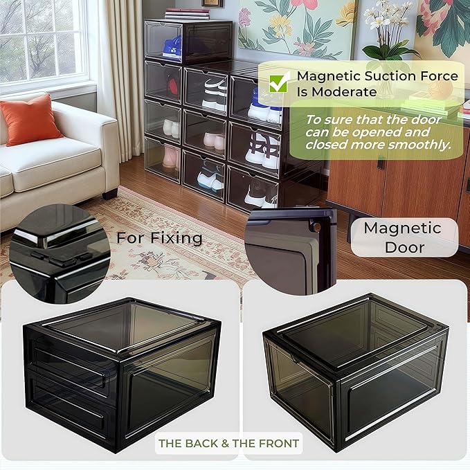 10 Pack Black Shoe Storage Boxes Stackable, Plastic Shoe Boxes with Lids, Sneaker Storage, Transparent, Thick Hard, Drop Front Door, Within US Size 13, Size: 13.54”x10.63”x7.49”