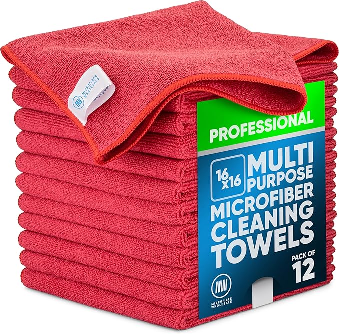 MW Pro Microfiber Cleaning Cloth | Red (12 Pack) | Size 16" x 16" | All Purpose Microfiber Towels - Clean, Dust, Polish, Scrub, Absorbent