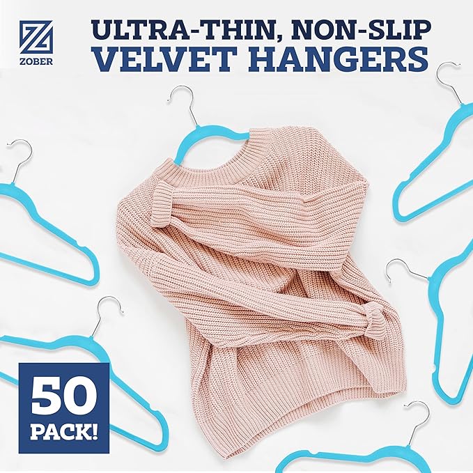 ZOBER Turquoise Velvet Hangers 50 Pack - Clothes Hangers, Coat Hanger for Pants & Dress Clothes - Non Slip w/ 360 Degree Swivel, Holds up to 10 lbs - Strong Felt Hanger for Clothing