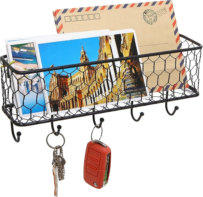 MyGift Wall Mounted Metal Entryway Mail Holder and Key Organizer Rack with 5 Hooks, Decorative Storage Basket and Hanger Hooks for Keys, Lanyard, Keychain, Light Coat