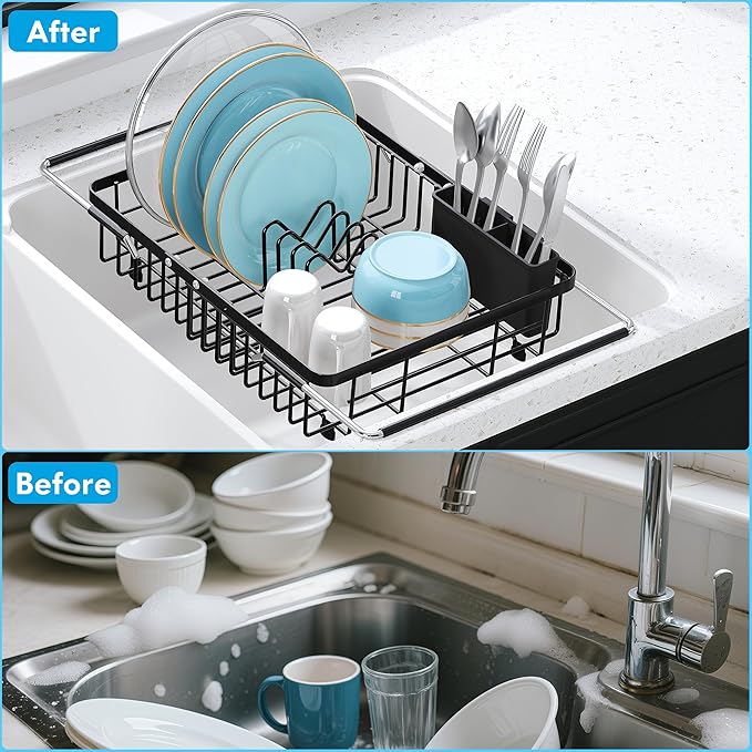 JASIWAY in Sink Dish Drying Rack, Expandable Stainless Steel Dish Drainers for Kitchen Sink, Over Sink Dish Drying Rack with Utensil Holder, 13.4''~16.9''D x 11.8''W, Black