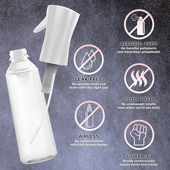 Hair Spray Bottle Continuous Water Mister Spray Bottle Empty Ultra Fine for Hair Styling, Pets, Plants, Cleaning, Misting & Skin Care, Salons, for Taming Hair in Morning, Curly Hair, Essential Oil Scents & More