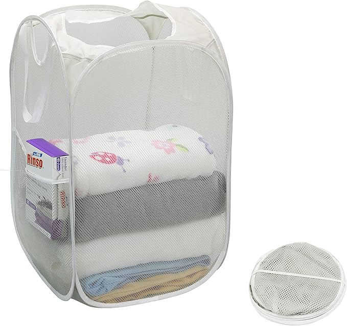 Simple Houseware Mesh Pop-Up Laundry Hamper Basket With Side Pocket, Gray - 2 Pack
