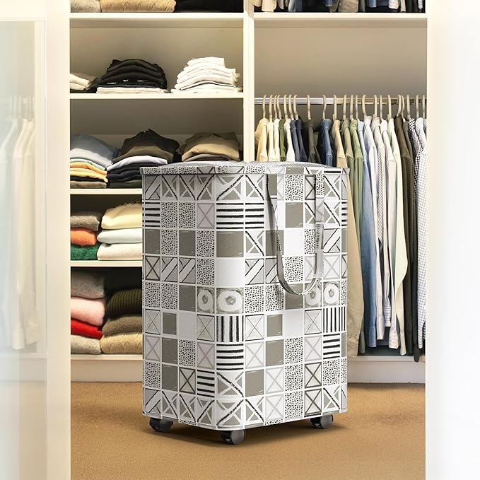 Simple Houseware Large 82L Laundry Basket with Wheels, Collapsible Waterproof Hamper with Handles and Mesh Cover, Geometric Gray